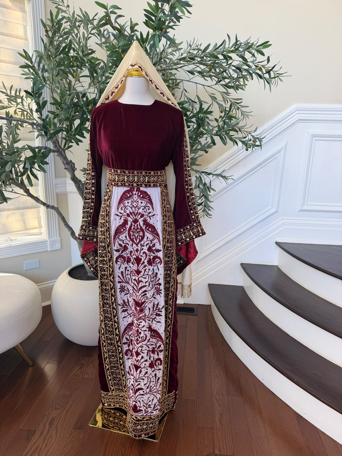 Elegant Burgundy Velvet Palestinian Thobe with Gold Embroidery