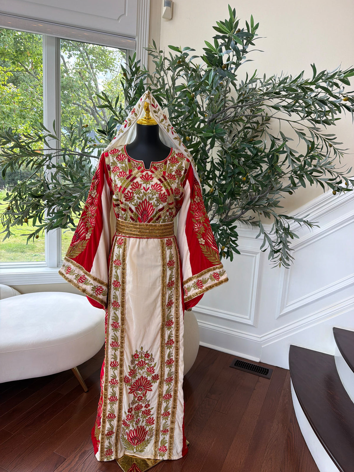 Elegant Cream and Red Thobe with Gold Floral Embroidery(scarf not included)