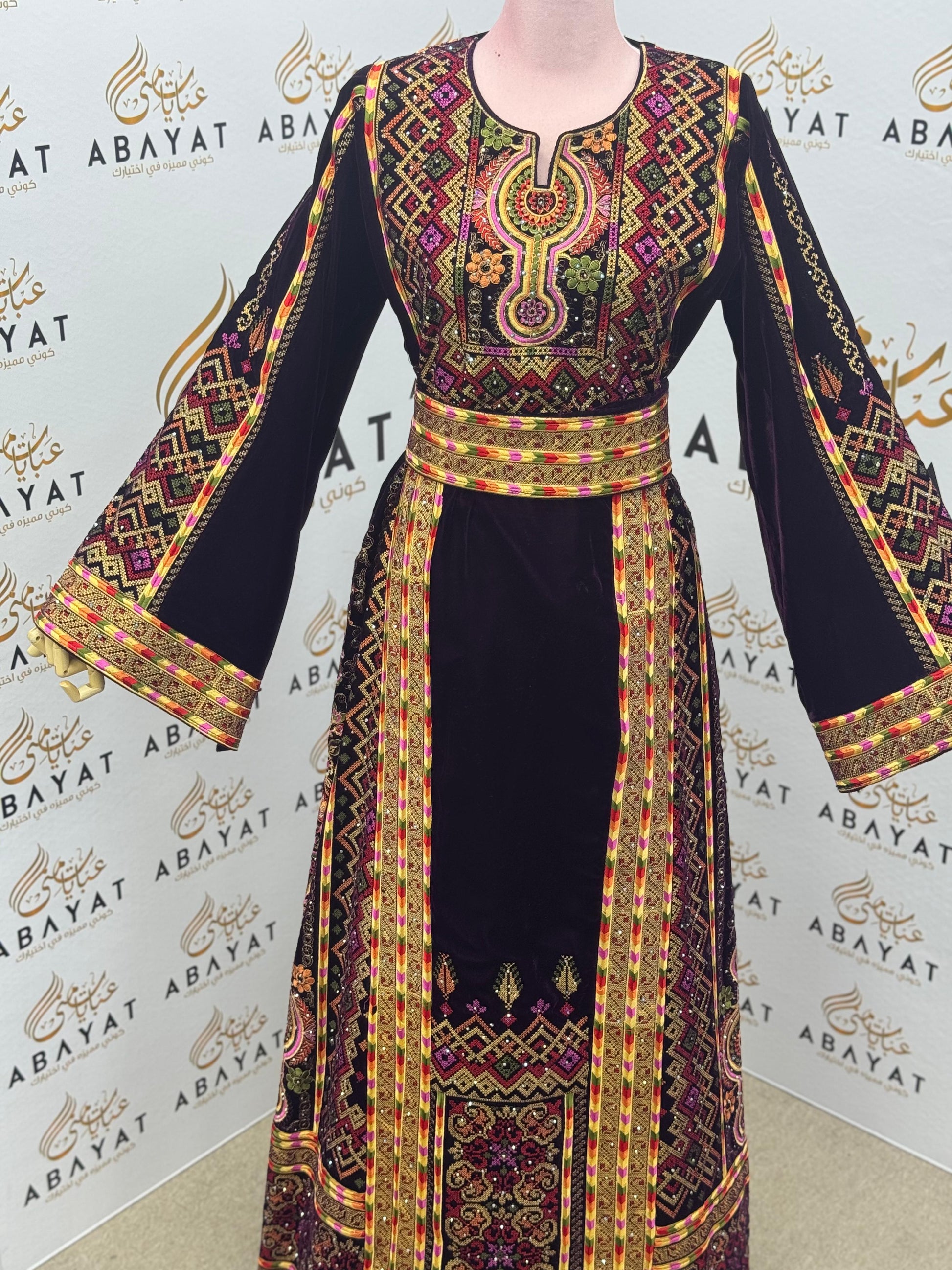 Burgundy Velvet Palestinian Embroidered Thobe – Elegant Tatreez Heritage Dress A09042025