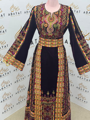 Burgundy Velvet Palestinian Embroidered Thobe – Elegant Tatreez Heritage Dress A09042025