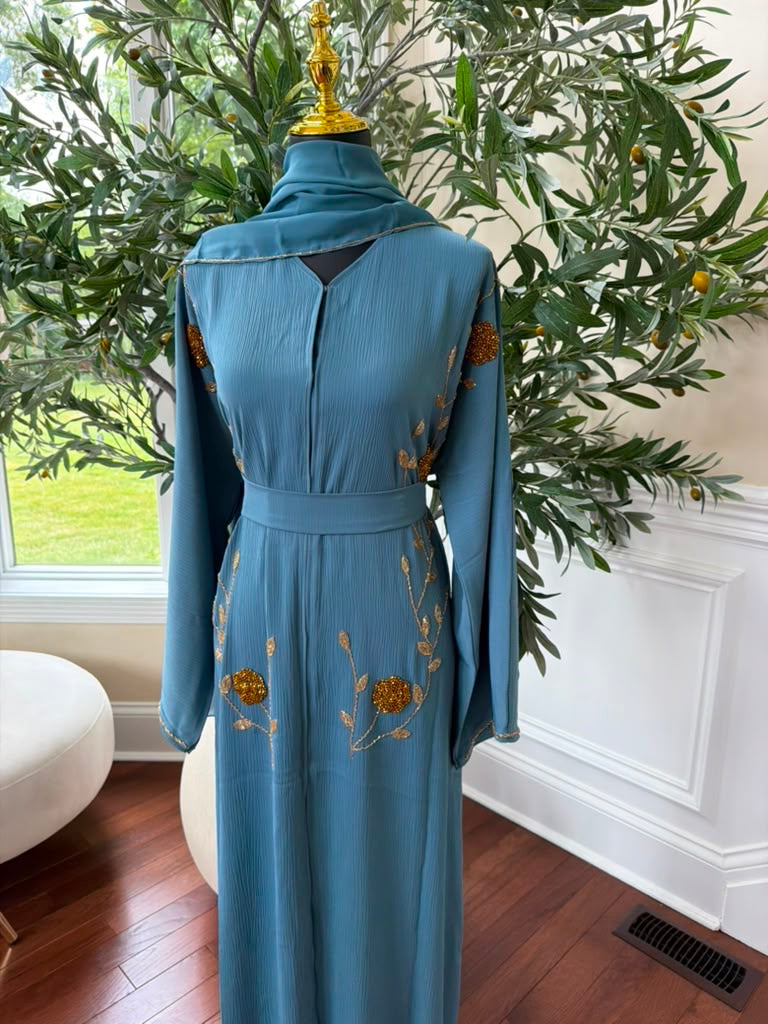 Deep Sky Golden Floral Abaya