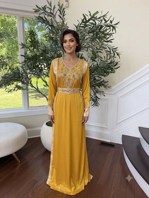 Yellow Beaded Embroidery Elegance Kuftan