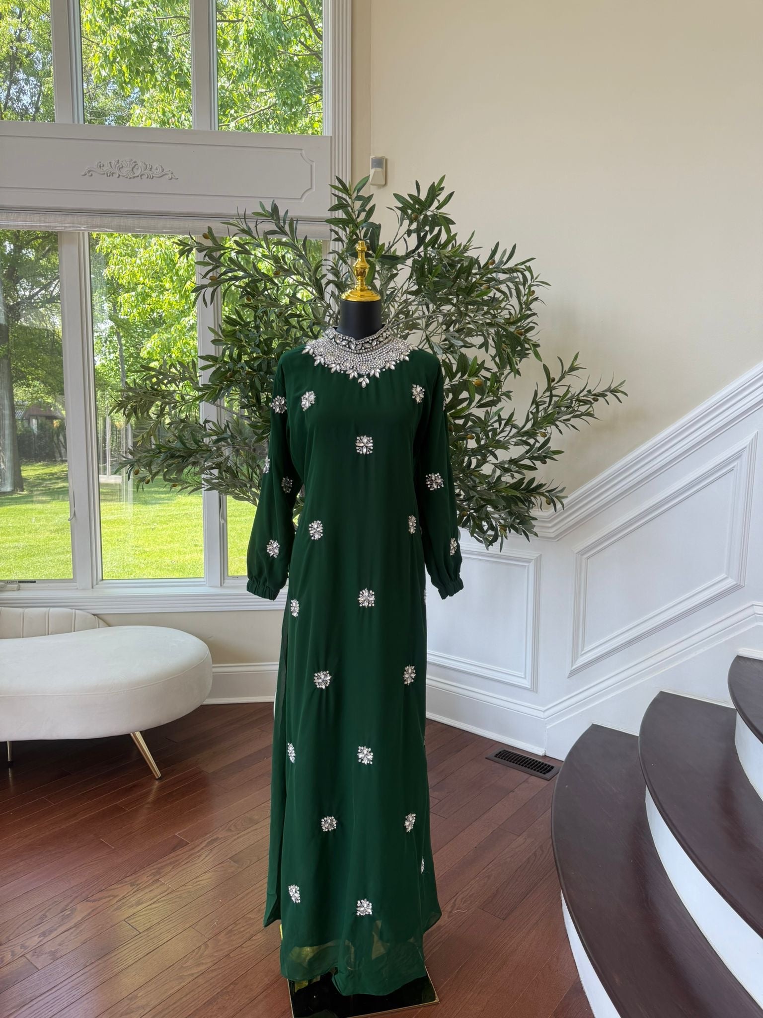 Green Glimmer Stonework Maxi Dress