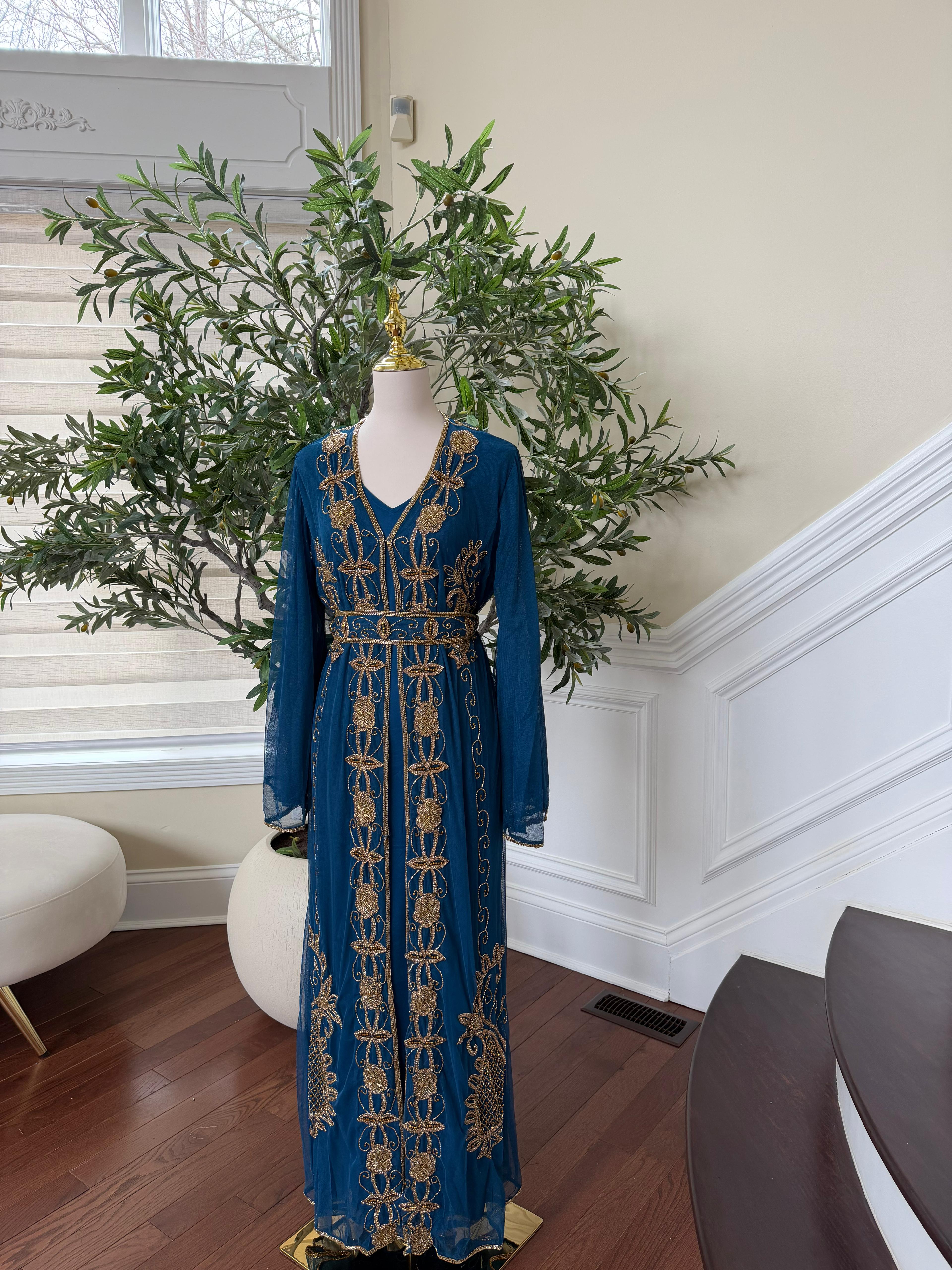 Golden Turquoise Detail Stone Cardigan Abaya