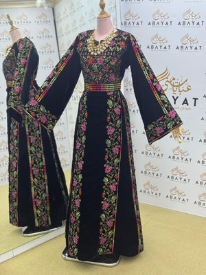 Luxury Black Velvet Thobe – Multicolor Floral Tatreez Design