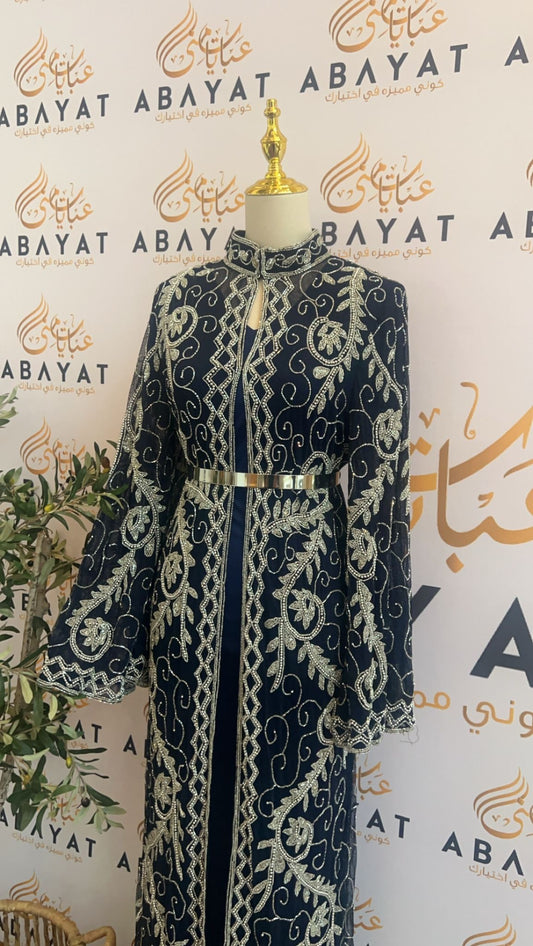 Navy Blue Beaded Two Piece Cardigan Abaya