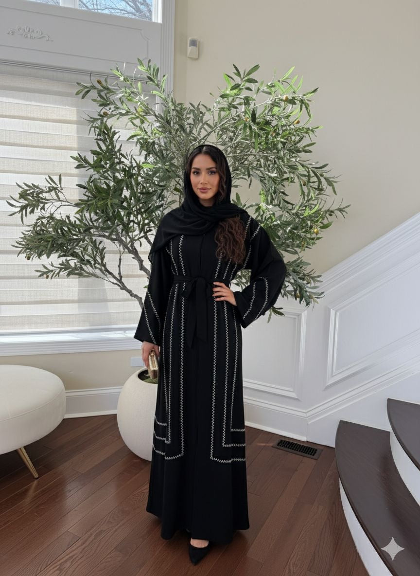 Black Silver Beaded Essence Abaya