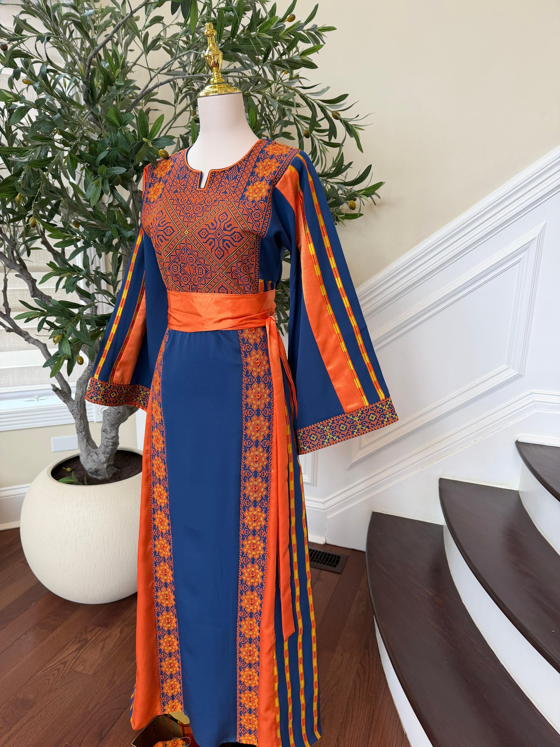 Navy Blue Embroidery Tatreez Orange Thobe