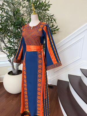 Navy Blue Embroidery Tatreez Orange Thobe