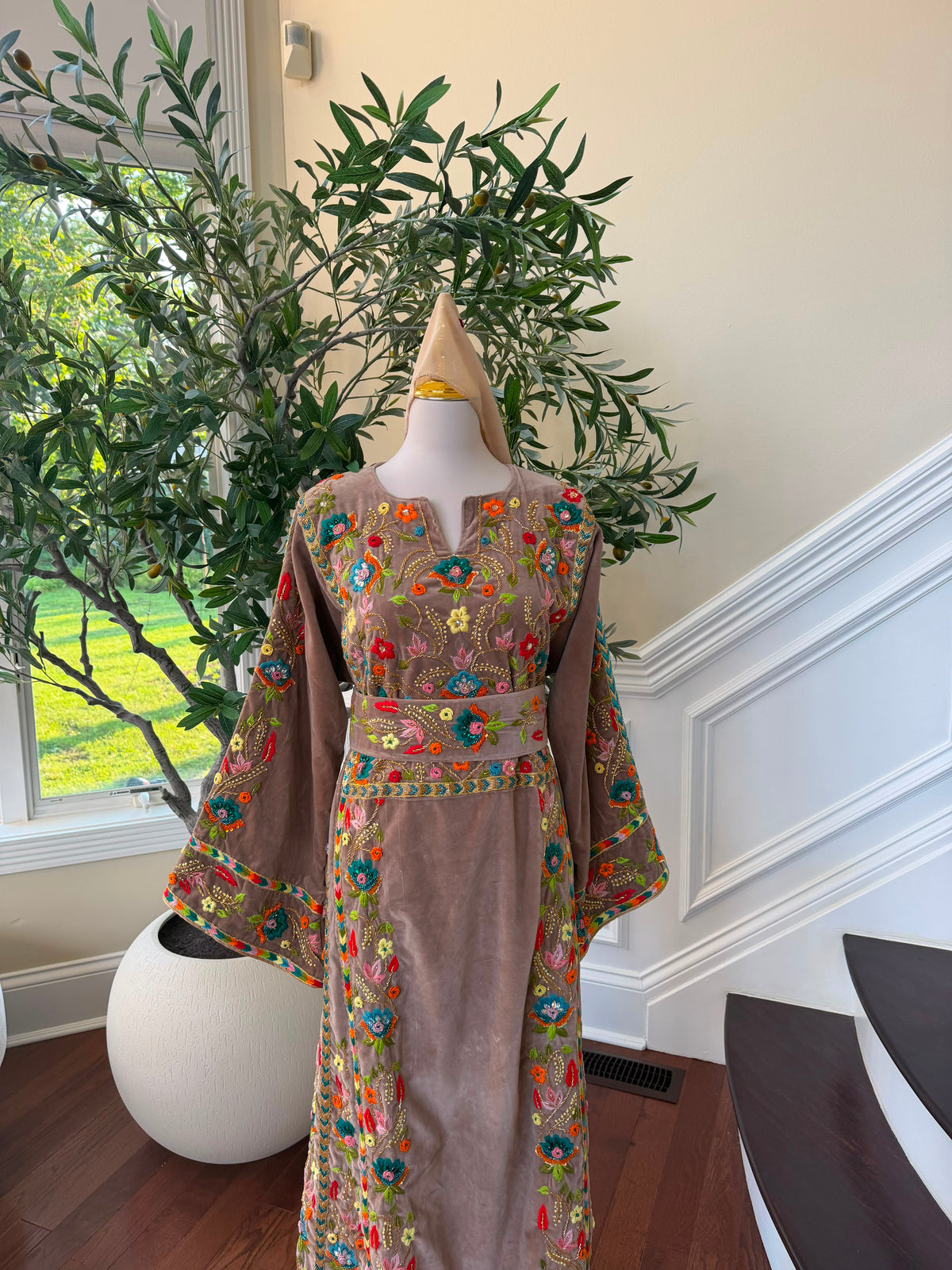 Tan Embroidery Beaded Stone Thobe