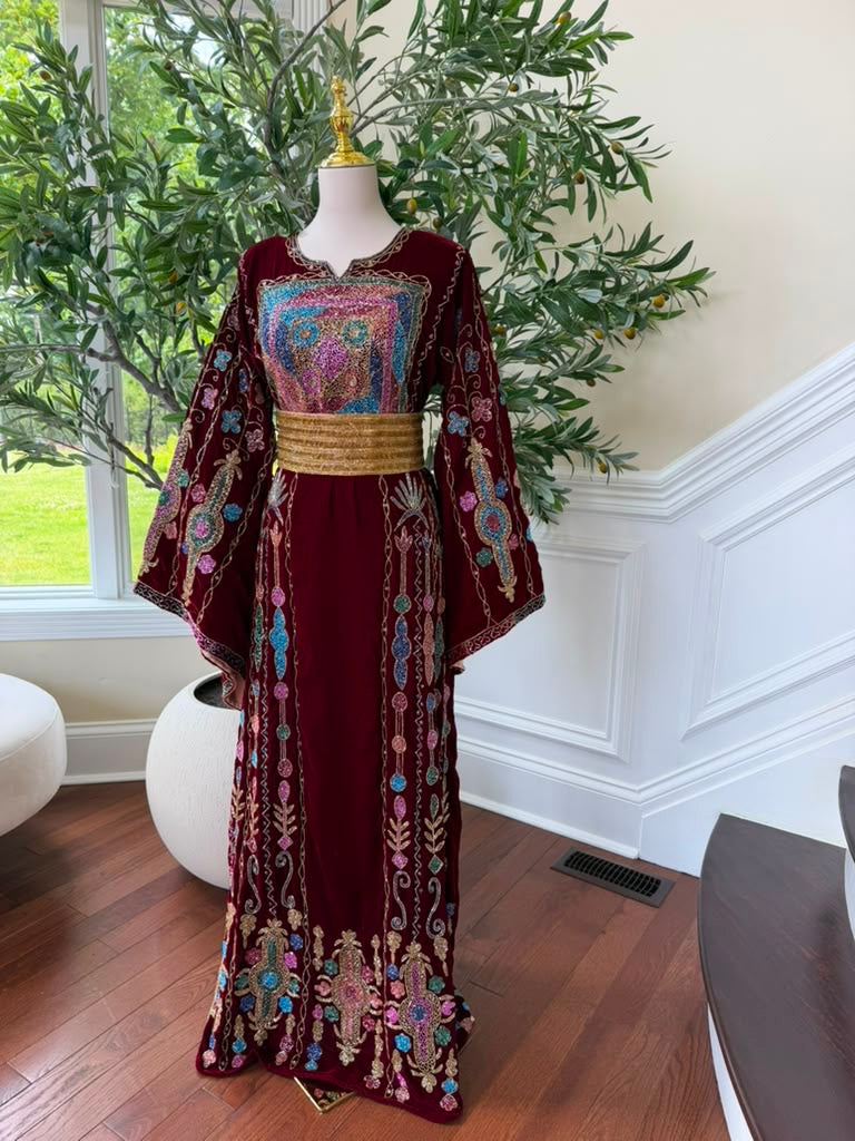 Burgundy Velvet Beaded Thobe