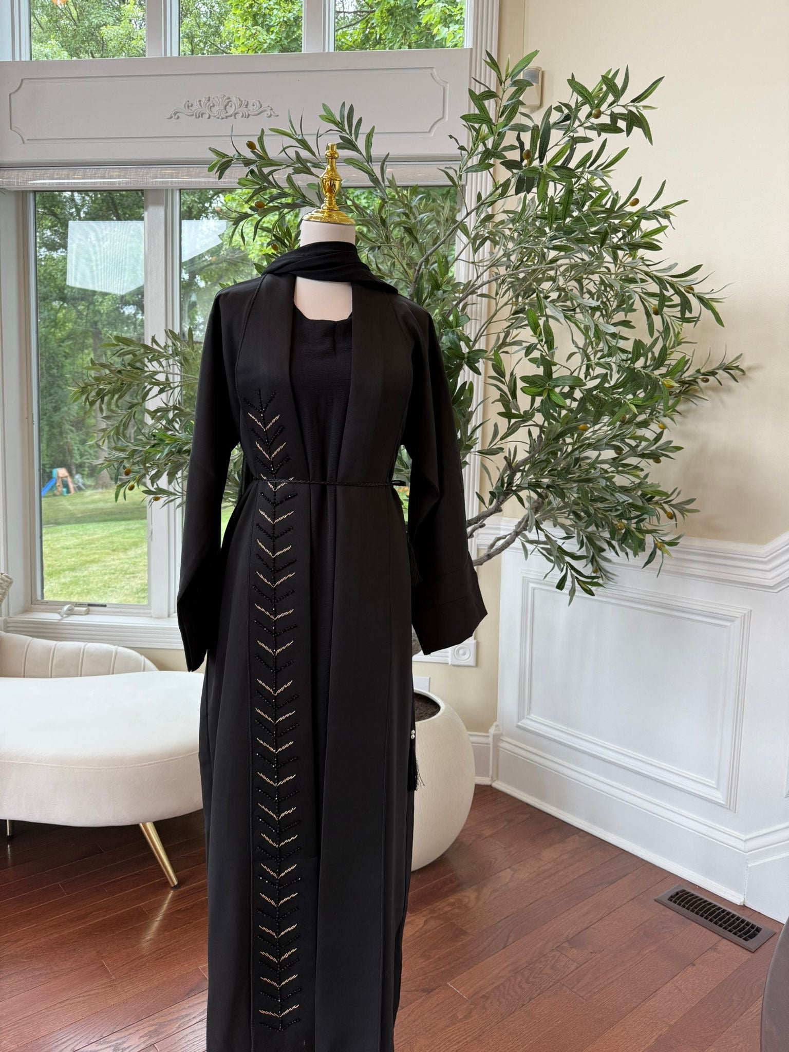 Night Whispers | Matte Black Crepe Fabric Abaya with Detail