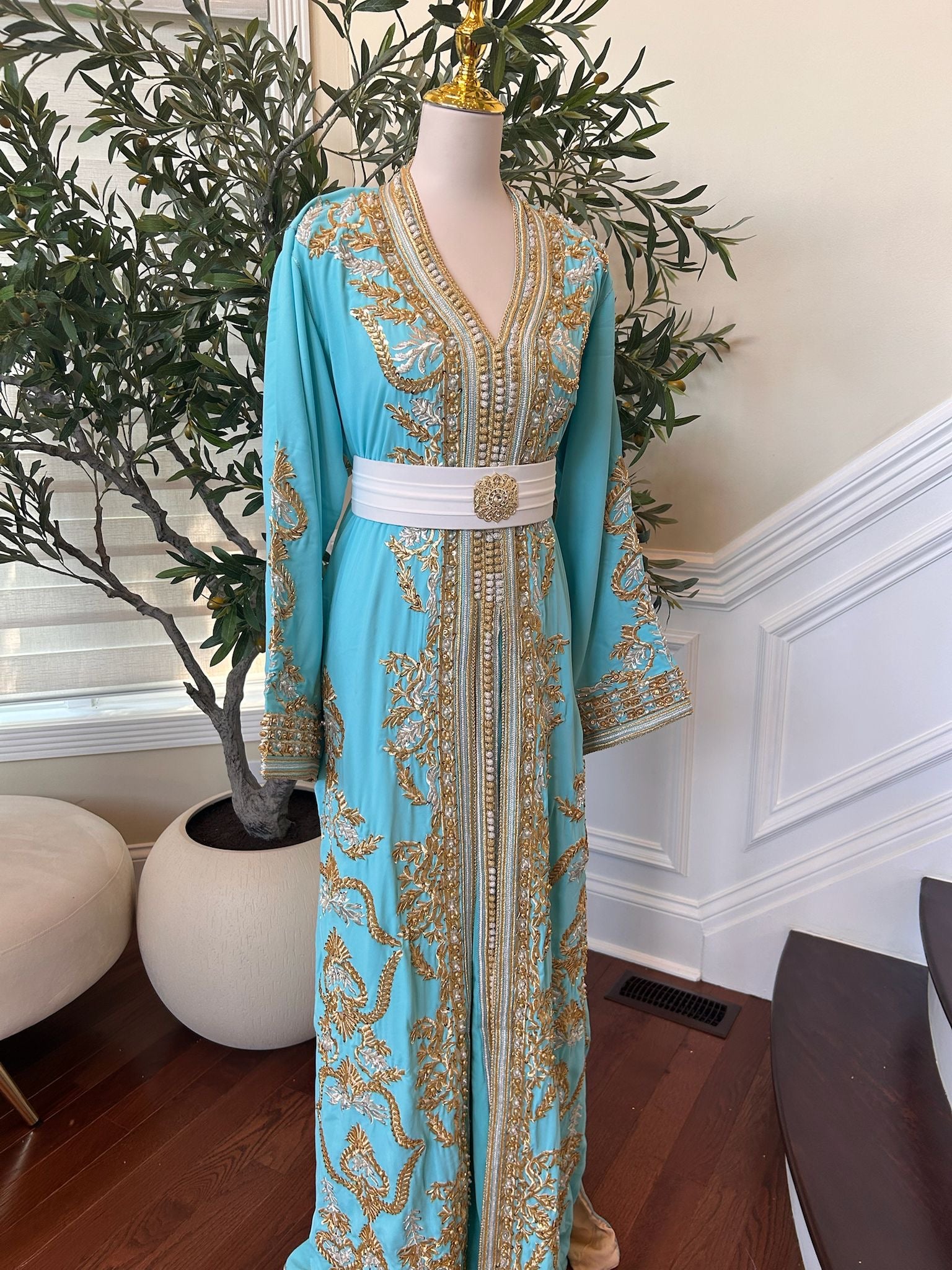 Mint Blue Golden Charm Detail Kuftan