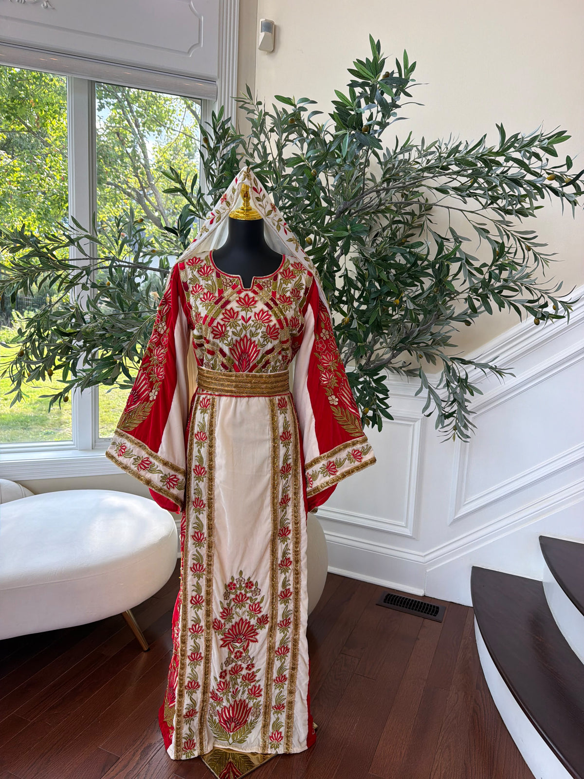 Elegant Cream and Red Thobe with Gold Floral Embroidery(scarf not included)