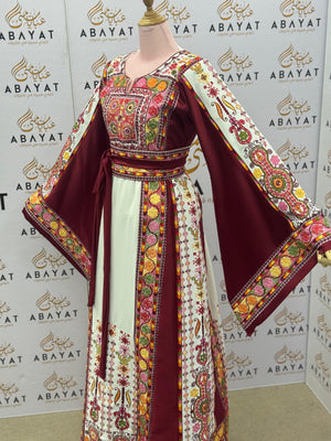 Ivory & Burgundy Palestinian Embroidered Thobe – Multicolor Tatreez Dress with Wide Sleeves”