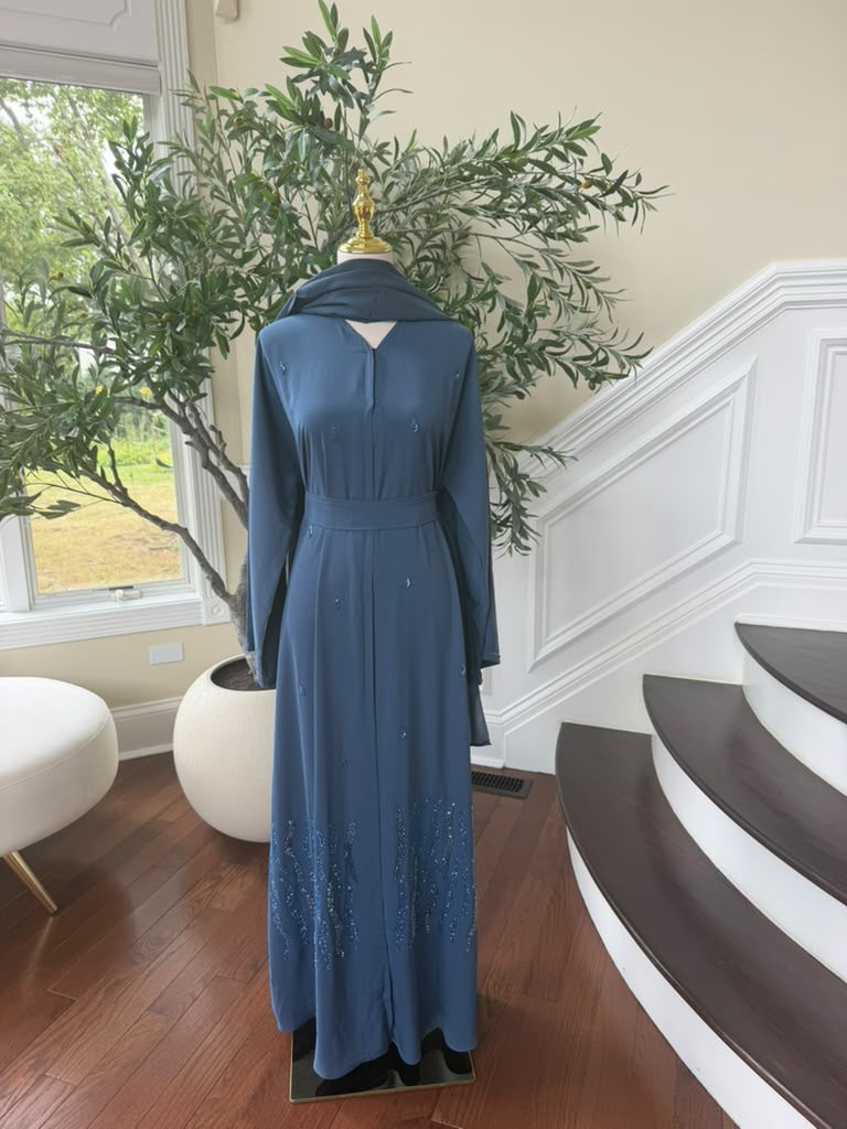Blue Elegance Charm Beaded Nade Fabric Abaya