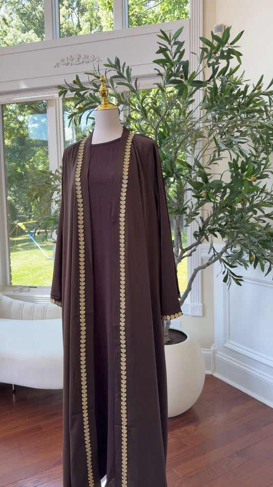Dark Coffee Two-Piece Abaya with Intricate Luxe Detailing