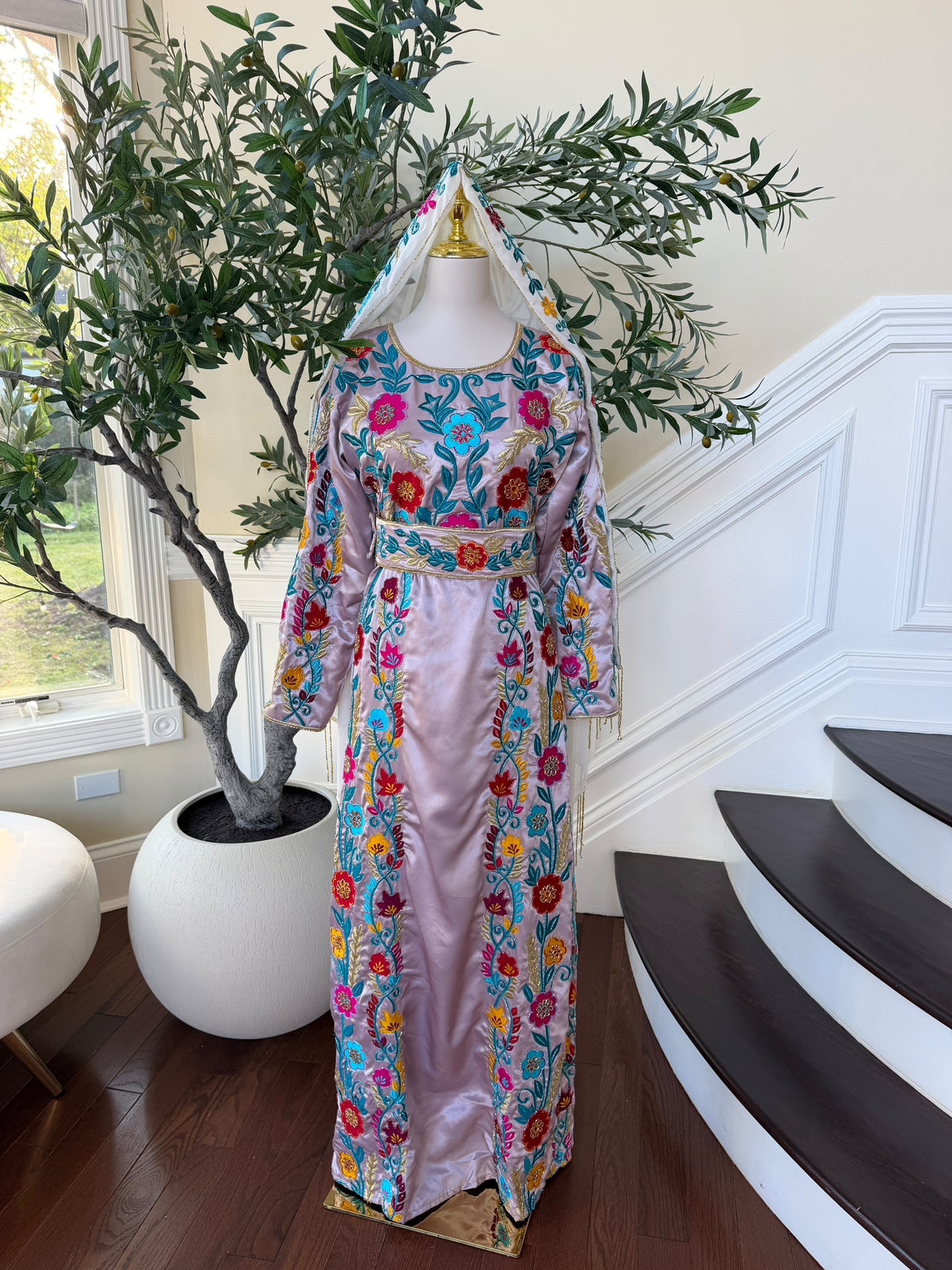 Blush Pink Palestinian Stone Thobe with Vibrant Multicolor Floral Embroidery(scarf not included)