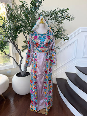 Blush Pink Palestinian Stone Thobe with Vibrant Multicolor Floral Embroidery(scarf not included)