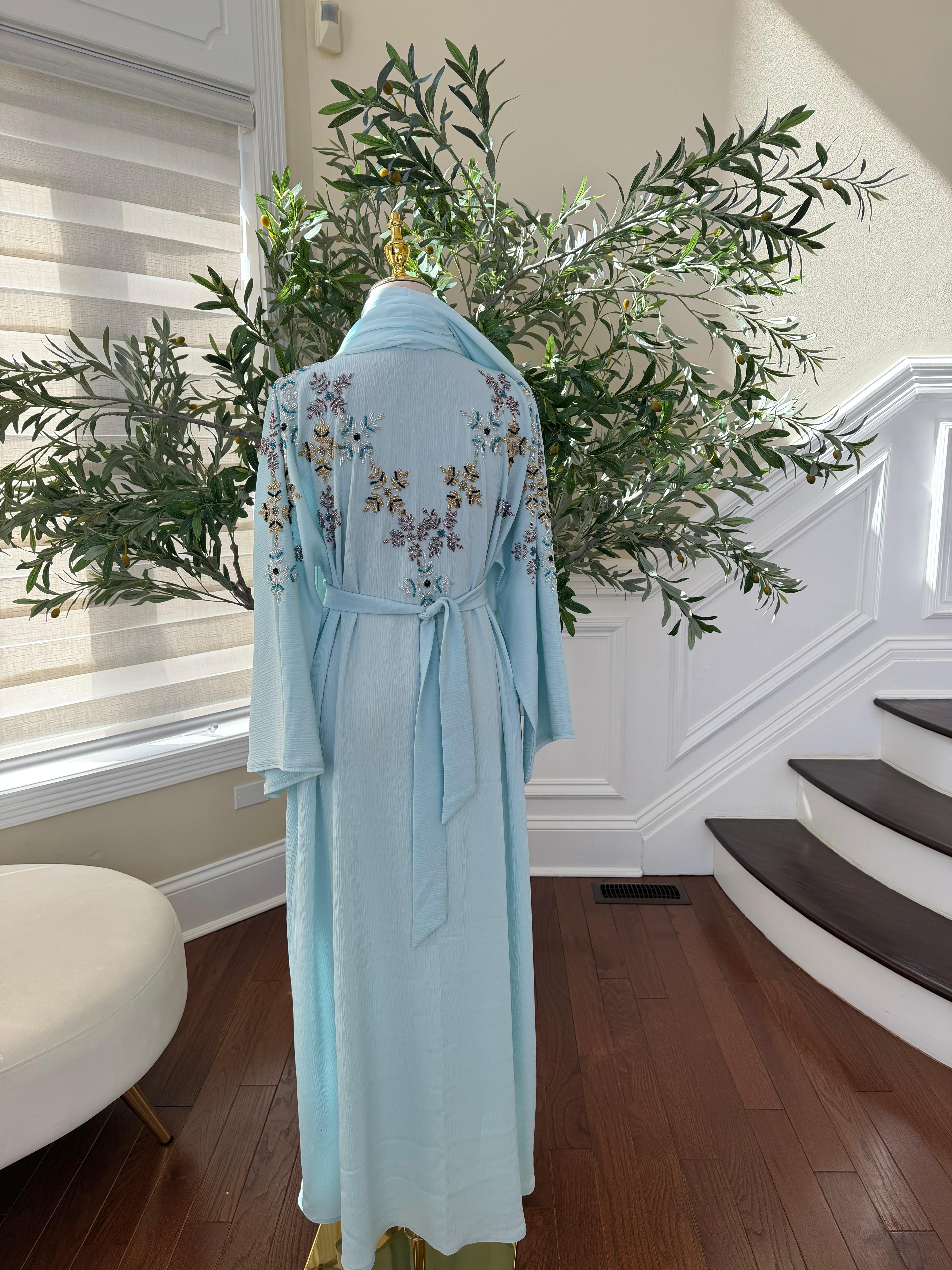 Baby Blue Floral Sequin Abaya