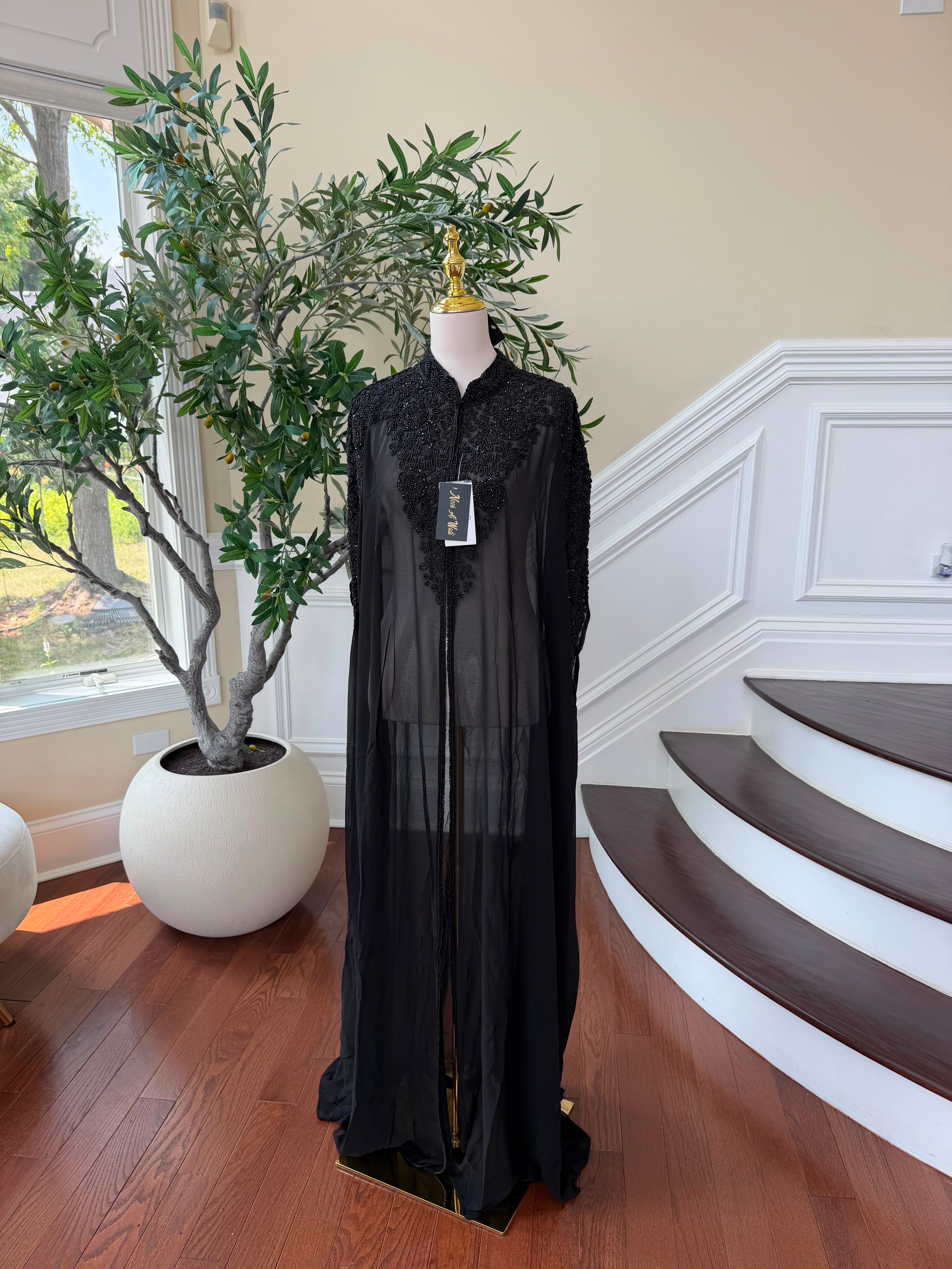 Black Beaded Elegance Charm Cardigan Abaya