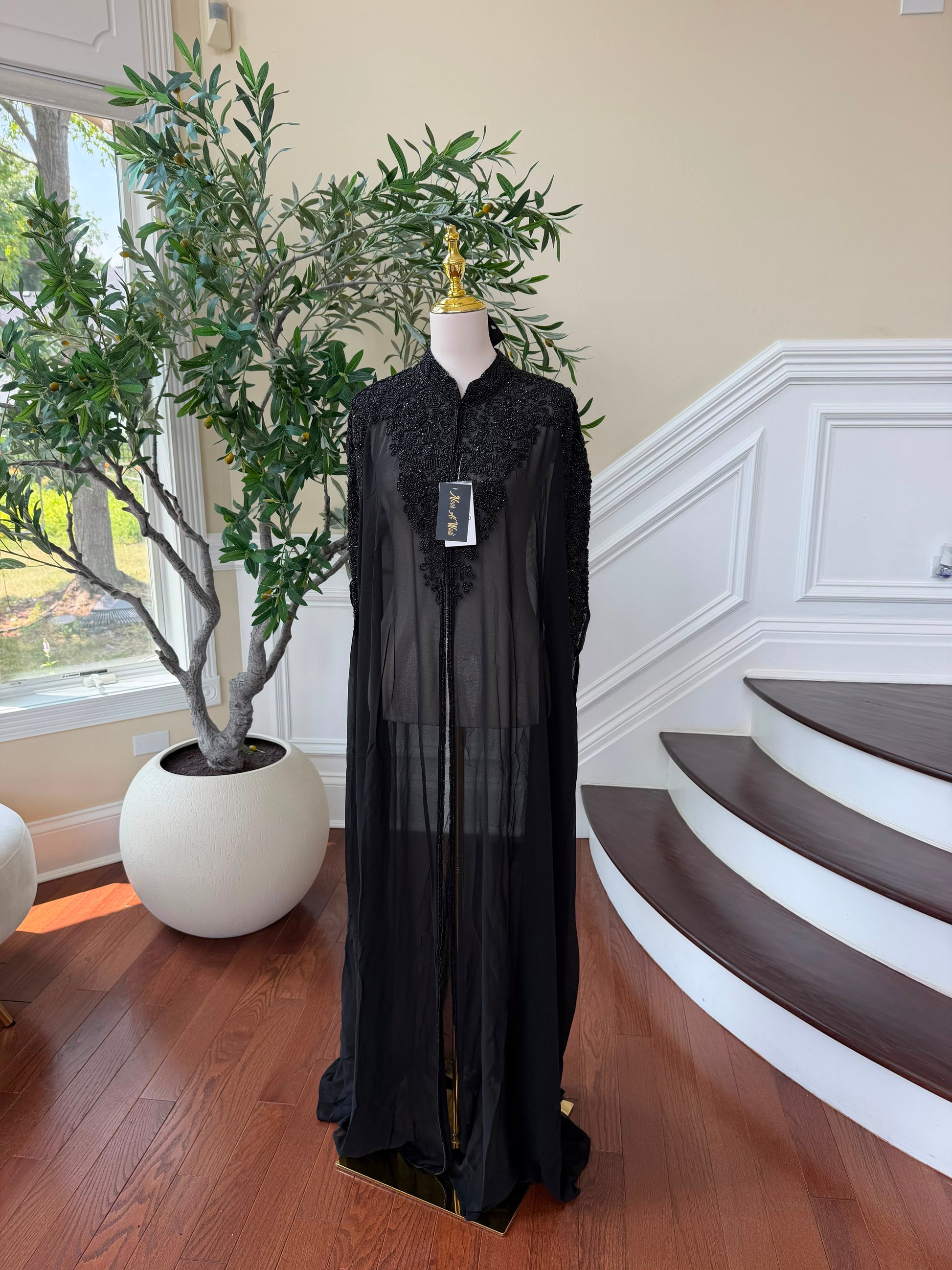 Black Beaded Elegance Charm Cardigan Abaya
