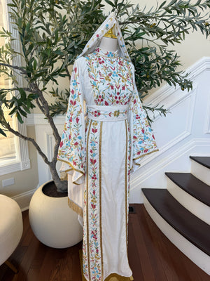 Elegant White Floral Embroidered Palestinian Thobe with Gold Detailing(scarf not included)