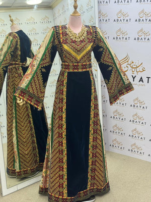Premium Palestinian Velvet Thobe – Black & Olive Green Embroidery