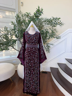 Elegant Burgundy Velvet Thobe with Blue and Silver Floral Embroidery (scarf not included)