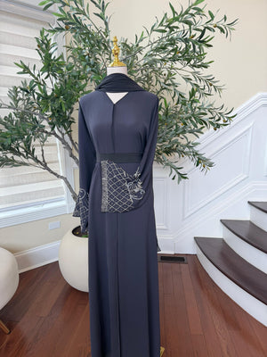 Grey Silver Sleeve Beaded Abaya