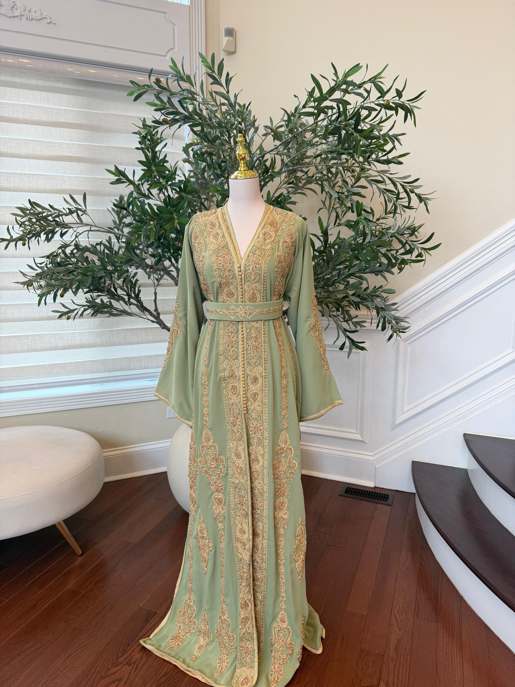 Sage Green Golden Embroidery Kuftan