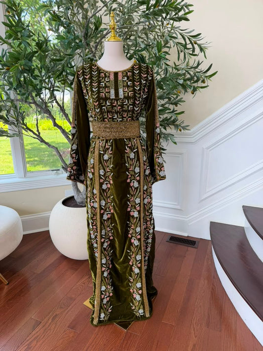 Velvet Olive Green Beaded Stone Thobe