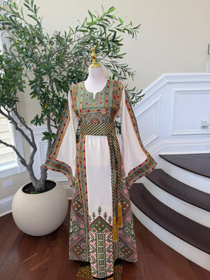Olive Heritage: Off White Embroidered Tatreez Sabal Kharaz Thobe