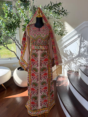 Elegant Cream Palestinian Embroidered Thobe with Traditional Red & Green Detailing (scarf not included)