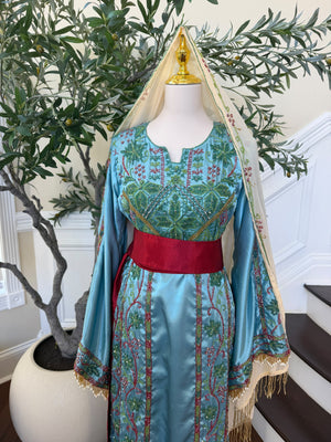 Elegant Sky Blue Satin Thobe with Intricate Green and Pink Floral Embroidery, Burgundy Belt(scarf not included)