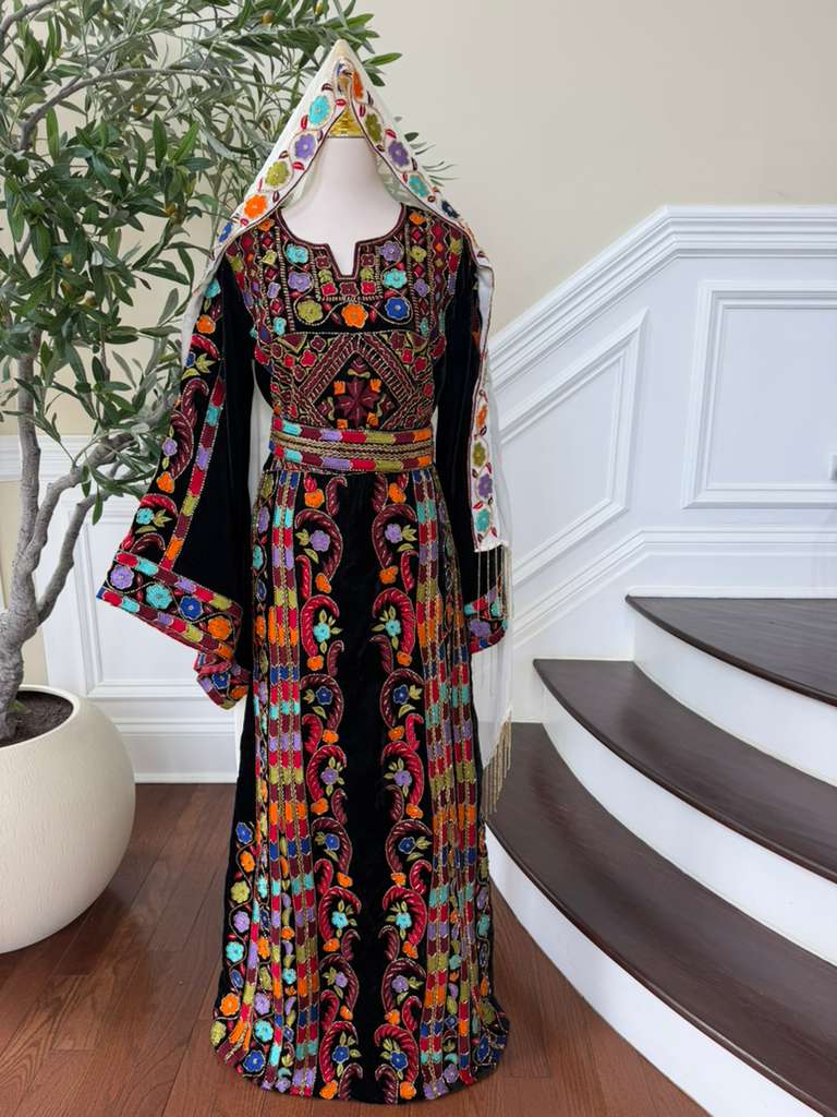 Luxury Bridal Palestinian Thobe with Embroidery Tatreez, Hand Beading & Detachable Overskirt on Rich Velvet Fabric