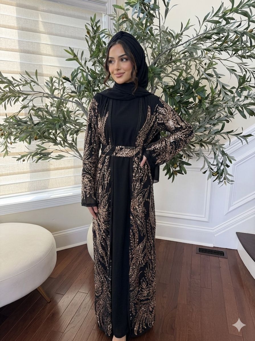 Golden Black Sparkle Cardigan Abaya
