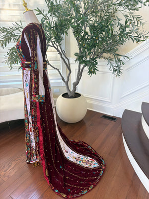 Elegant Burgundy Velvet Thobe with Colorful Embroidery and Matching Skirt included (scarf not included)