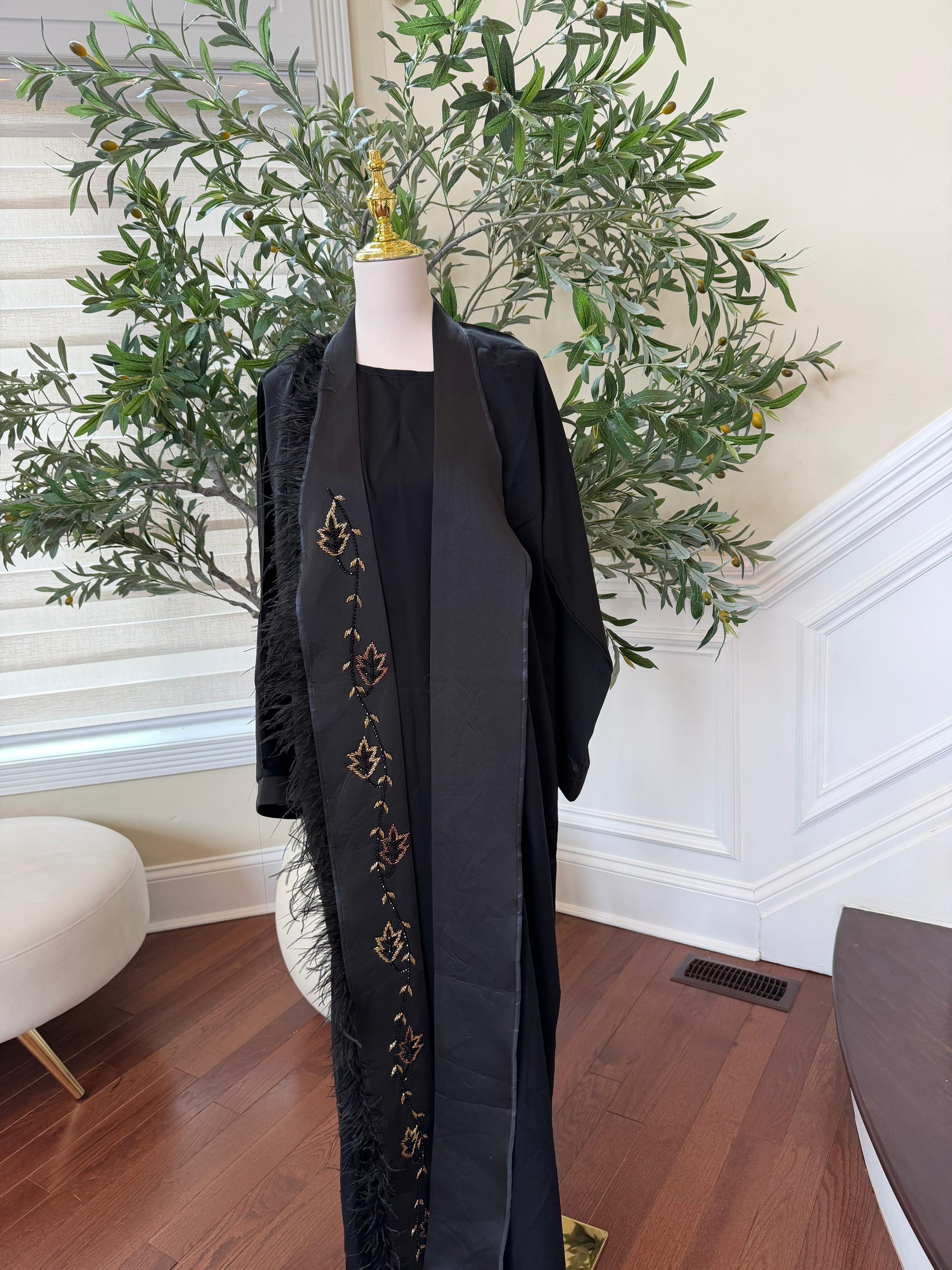 Golden Black Crystal Beaded Abaya