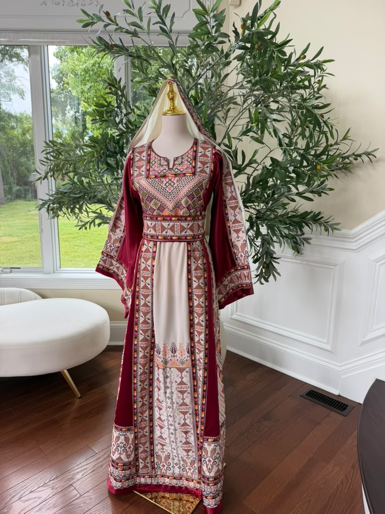 White Embroidery Tatreez Red Thobe