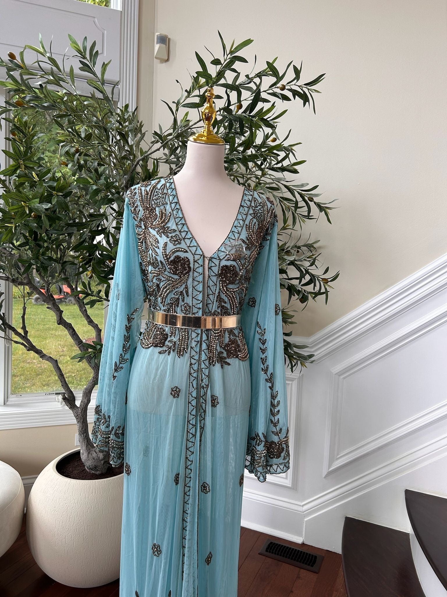 Mint Blue Golden Charm Cardigan Abaya