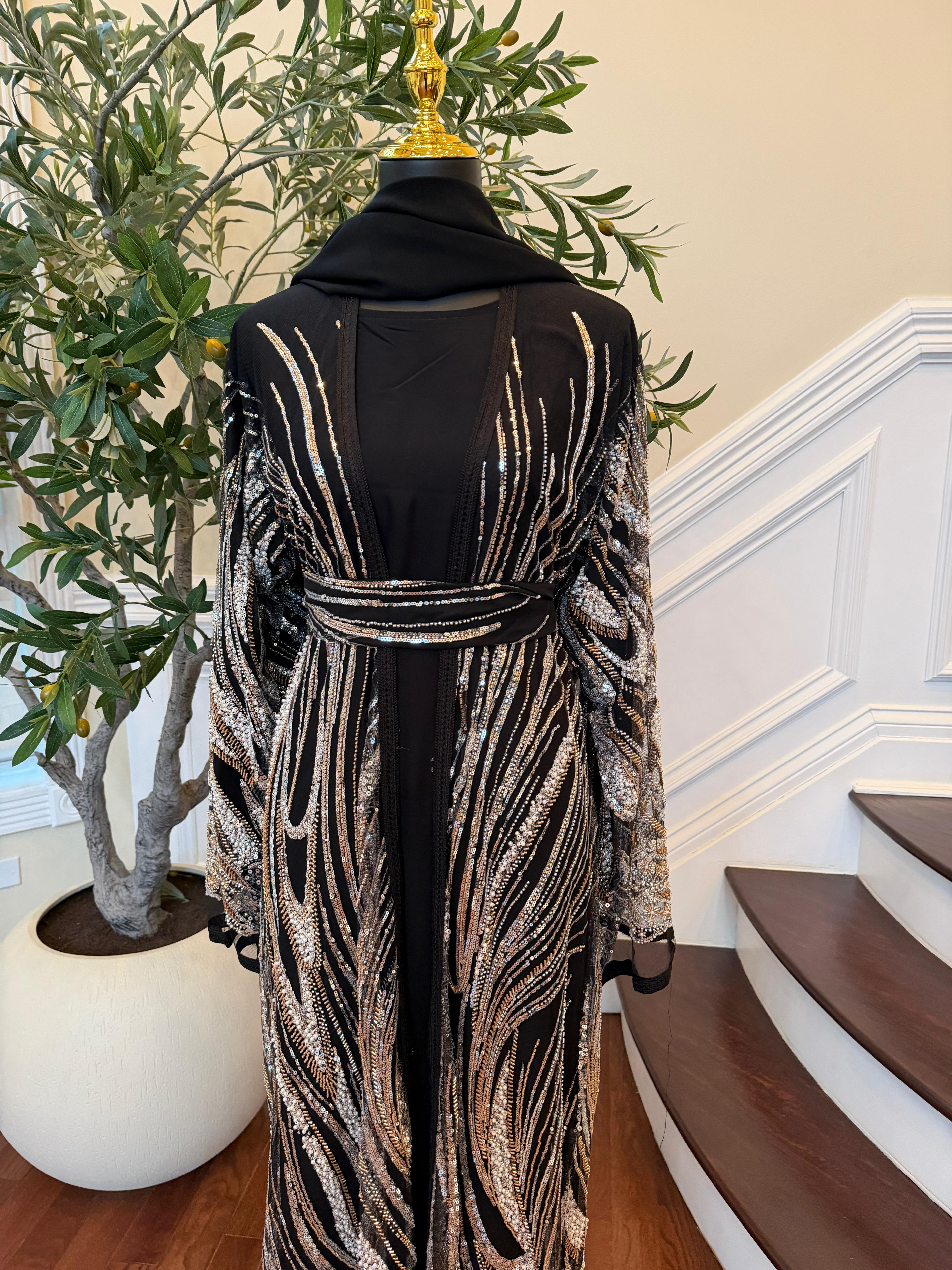 Black Golden Sequin Two Piece Abaya