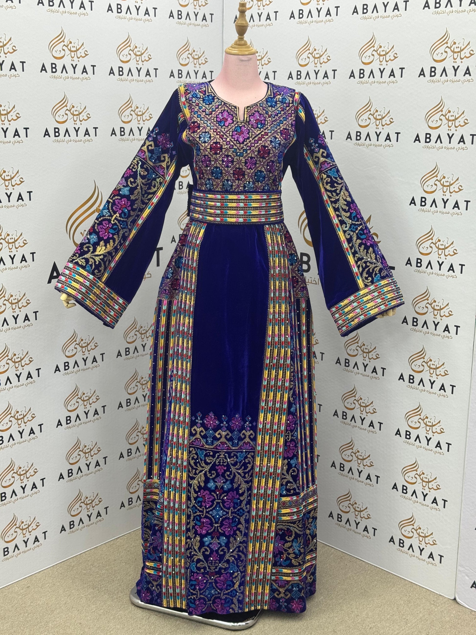 “Royal Blue Velvet Palestinian Embroidered Thobe – Luxurious Tatreez Occasion Dress A09042025