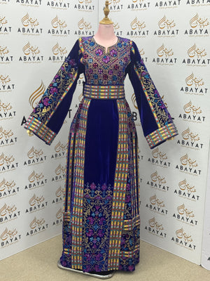 “Royal Blue Velvet Palestinian Embroidered Thobe – Luxurious Tatreez Occasion Dress A09042025