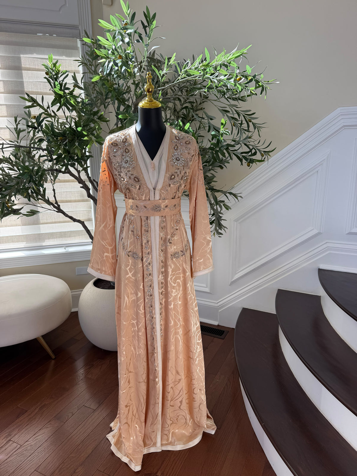 Elegant Peach Embroidered Kaftan with Silver Beadwork