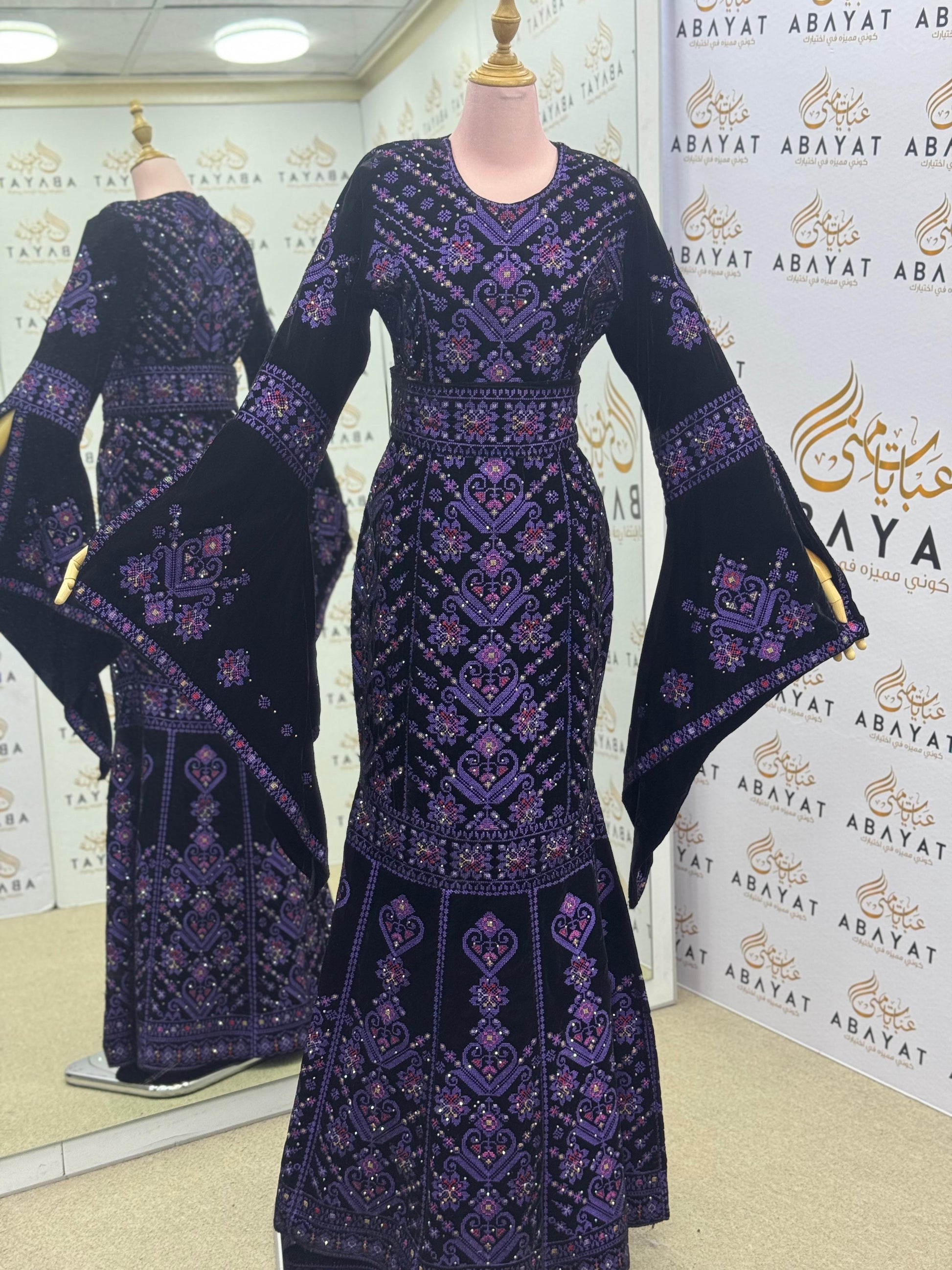 Black Velvet Palestinian Thobe – Purple Tatreez Embroidery with Belt A09042025