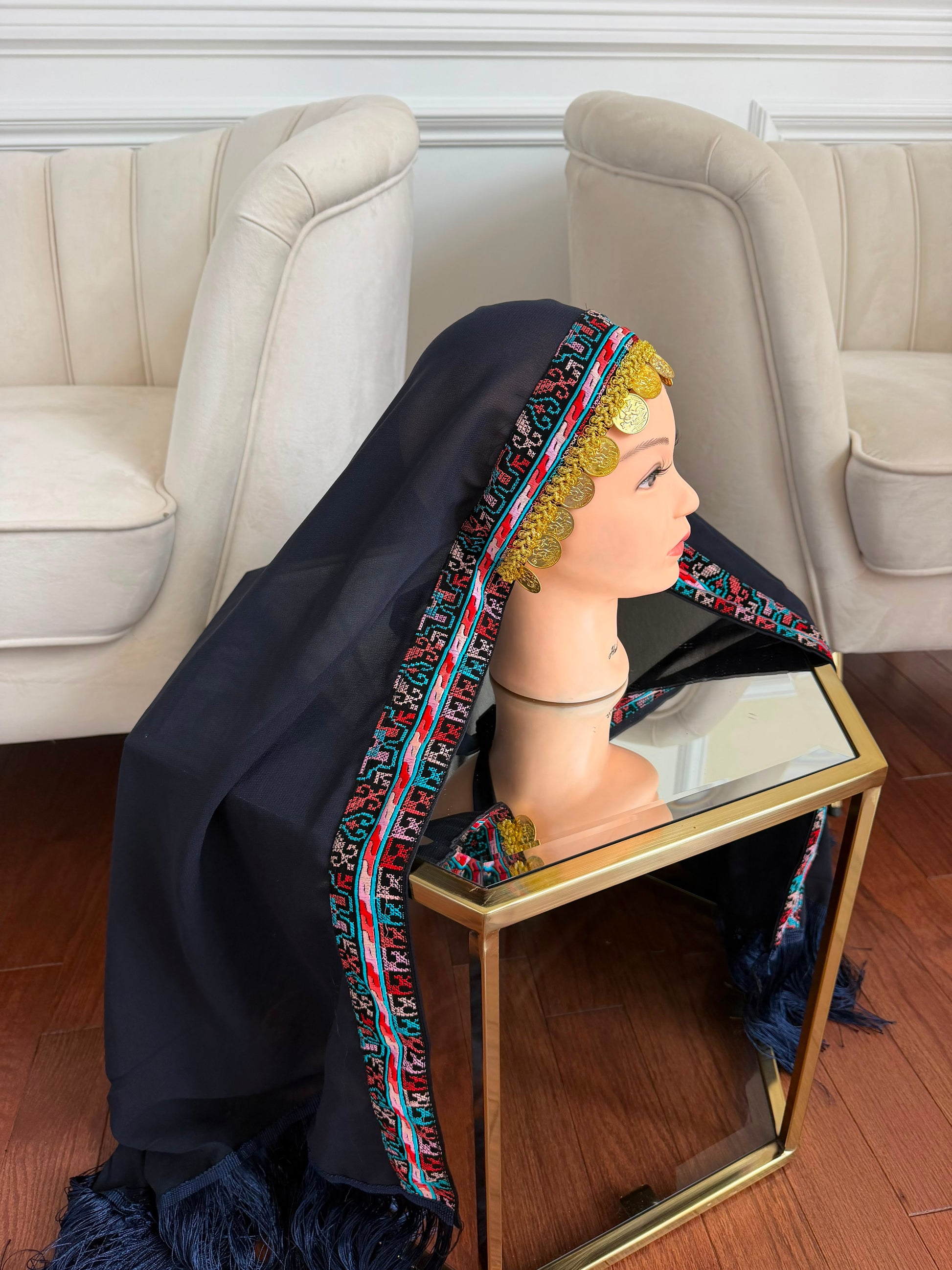 Navy Blue Embroidery Tatreez Khirka Shal