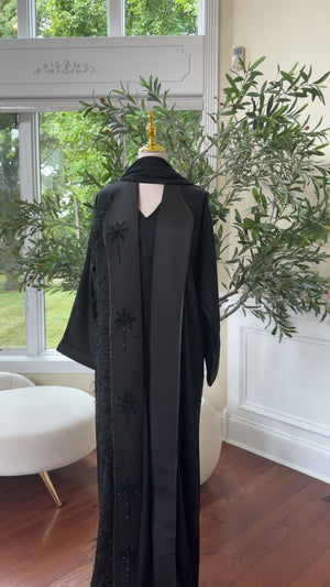 Black Serenity Abaya – Feather Accent with Beaded Floral