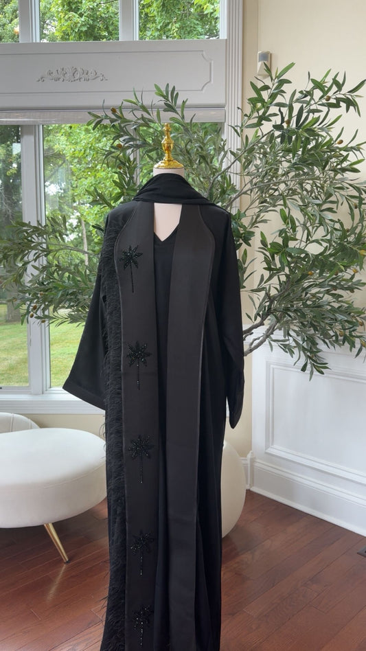 Black Serenity Abaya – Feather Accent with Beaded Floral