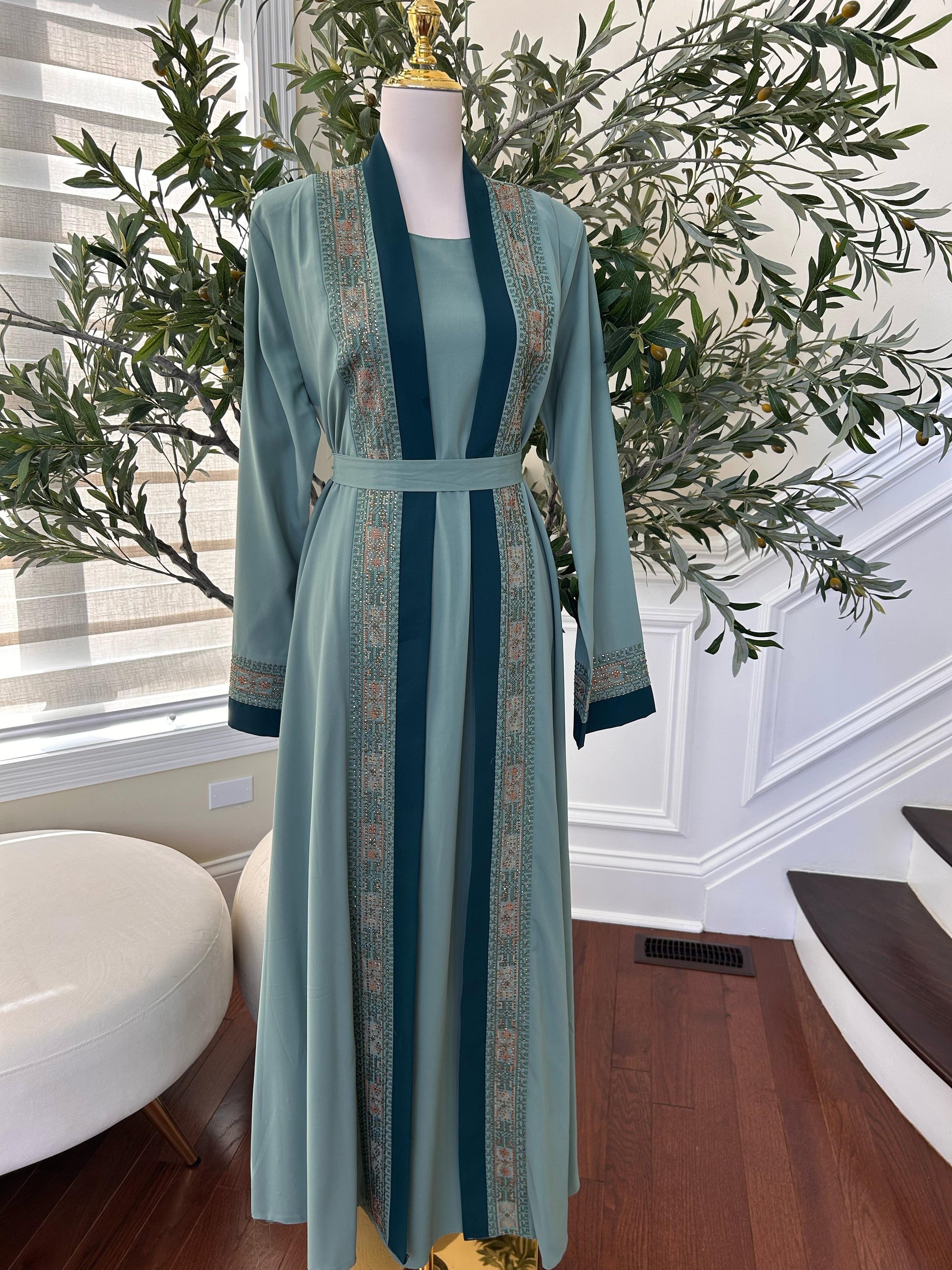 Teal Harmony Two Piece Tatreez Beaded Abaya